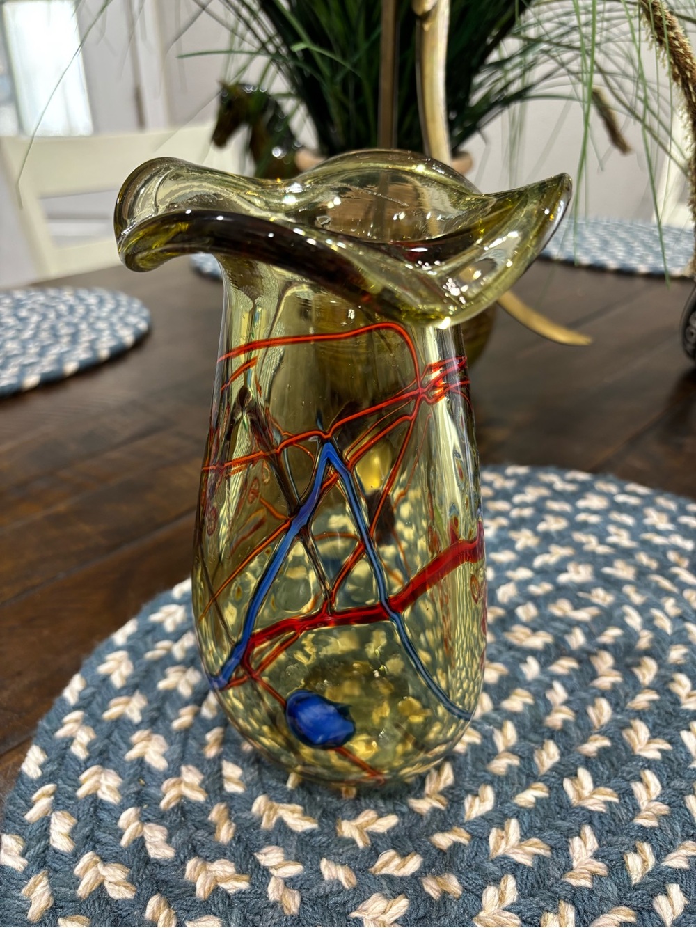 Authentic Handblown Murano Style Olive Art Glass Vase with Blue and Red Accents